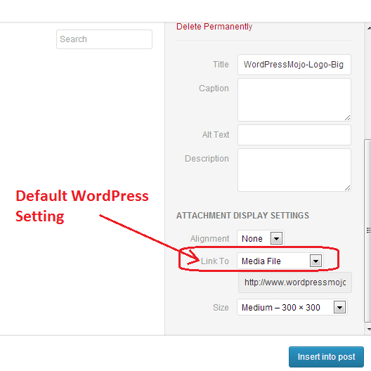 WordPress Image Attachments Default Link Settings