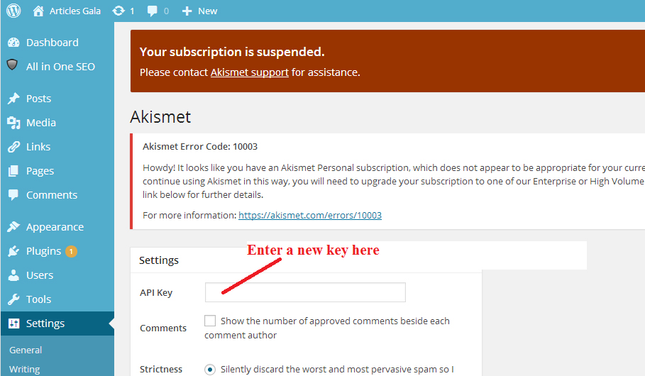 Akismet Error Code 10003 Solution